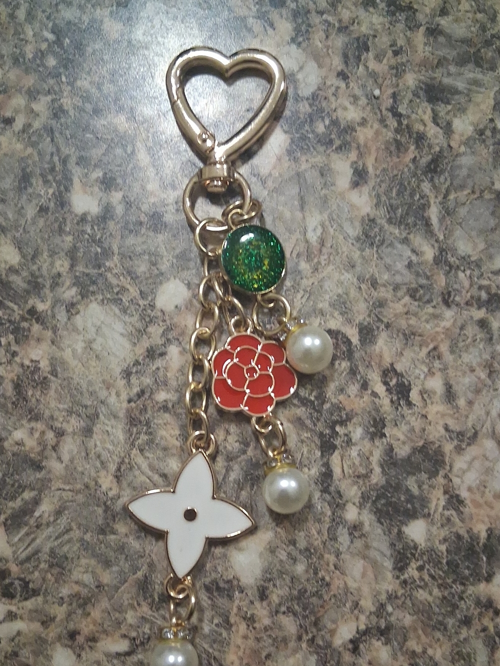 Gold-Tone Heart Keychain Charm with Red Flower, White Star & Pearl Accents